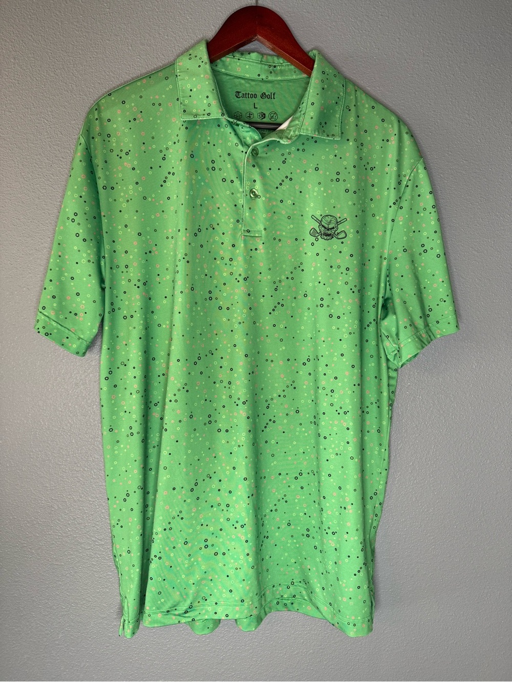 Tattoo Golf Polo Shirt Mens L Green Skull Print Stretch Performance Golf